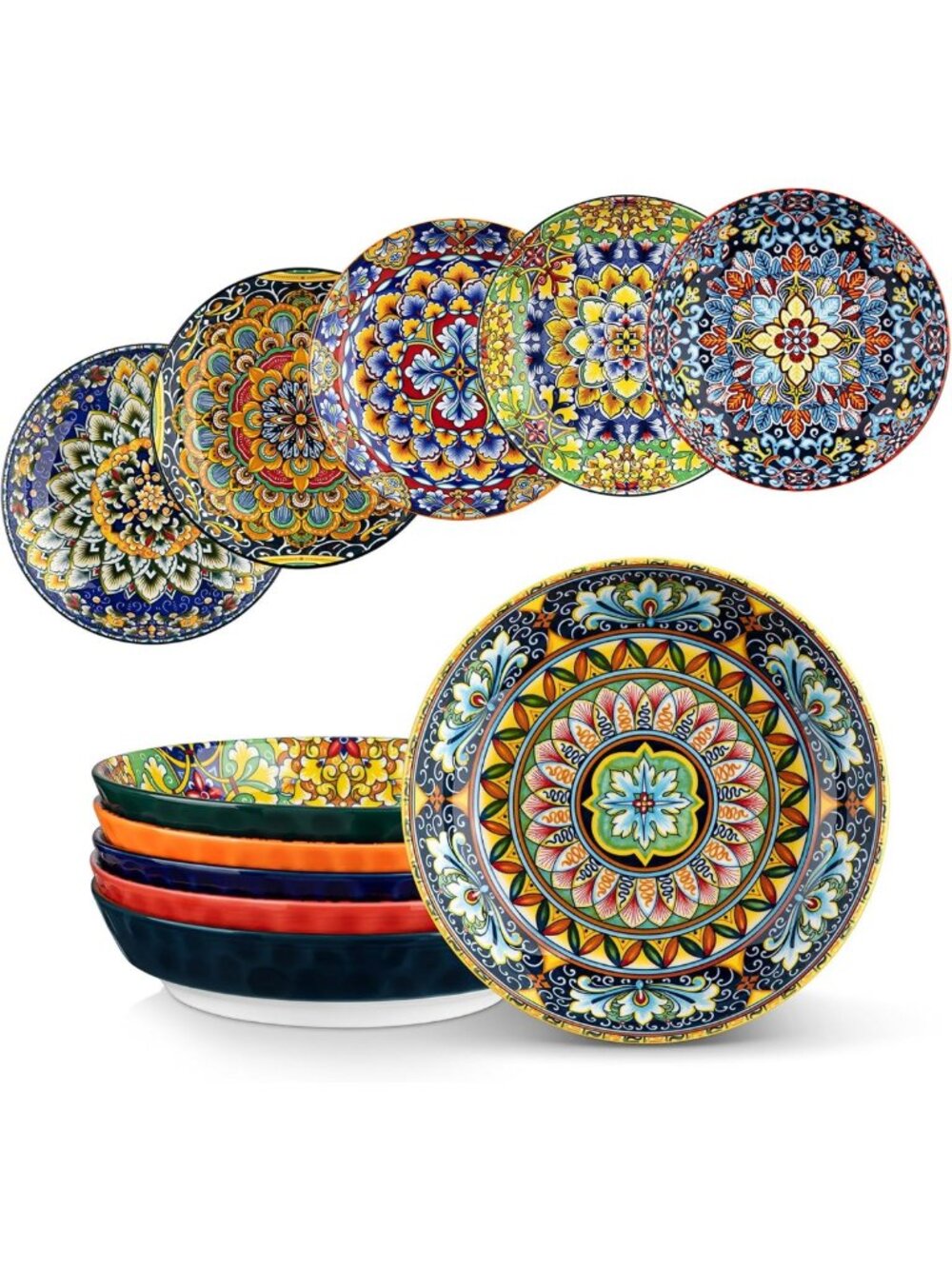 Set of 6 Colorful Ceramic Pasta & Salad Bowls - Large, Dishwasher & Microwave